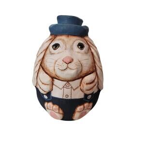 Bunny Rabbit Paper Mache Figurine Hand-Crafted Lightweight Home Decor Blue White